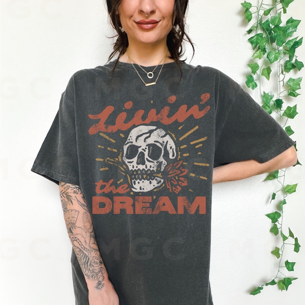 Comfort Colors Livin’ the Dream Skull Distressed Graphic Tee Shirt